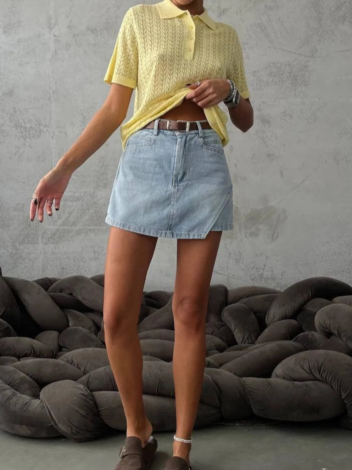 Asymmetric Hem High-Waisted Denim Mini Shorts