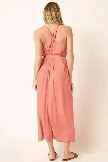Mittoshop Cross Back Belted V Neck Tank Maxi Dress