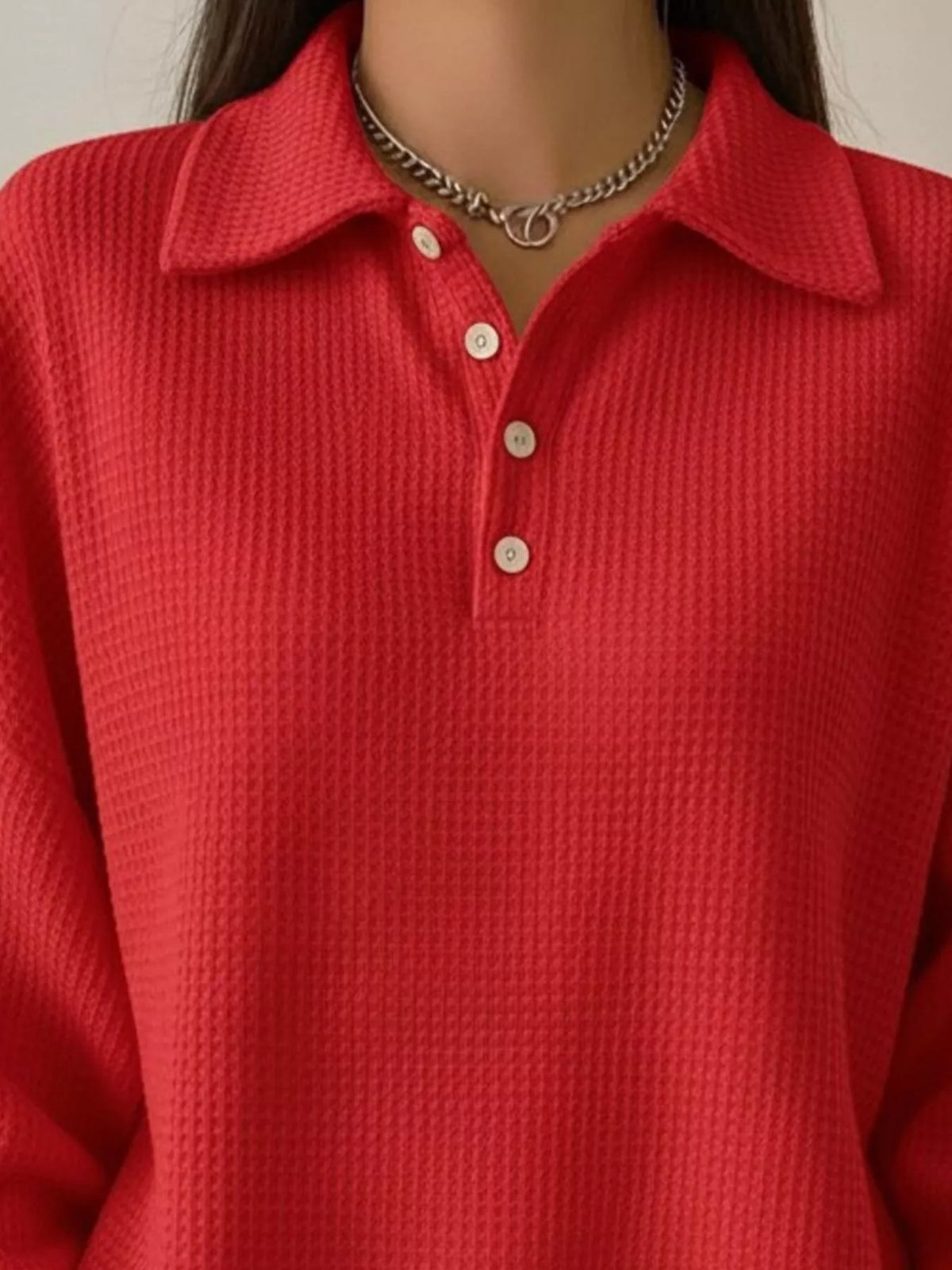 Full Size Waffle Knit Button Detail Sweatshirt Plus Size