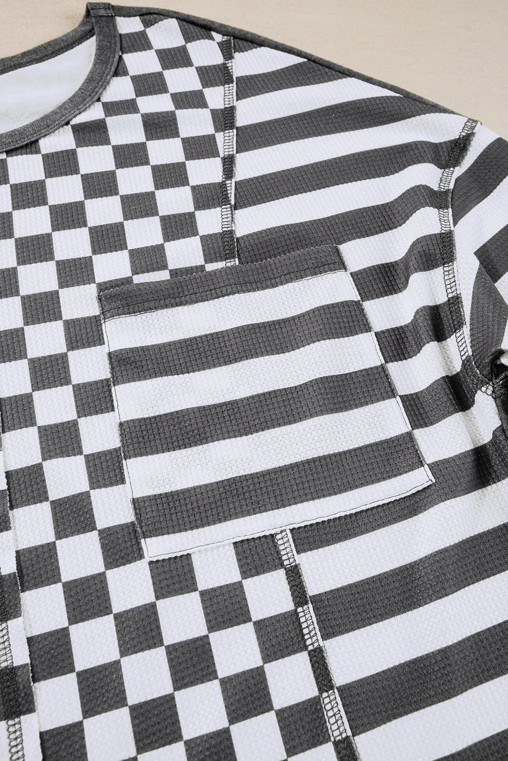 Checker &amp; Stripes Round Neck Long Sleeve Blouse