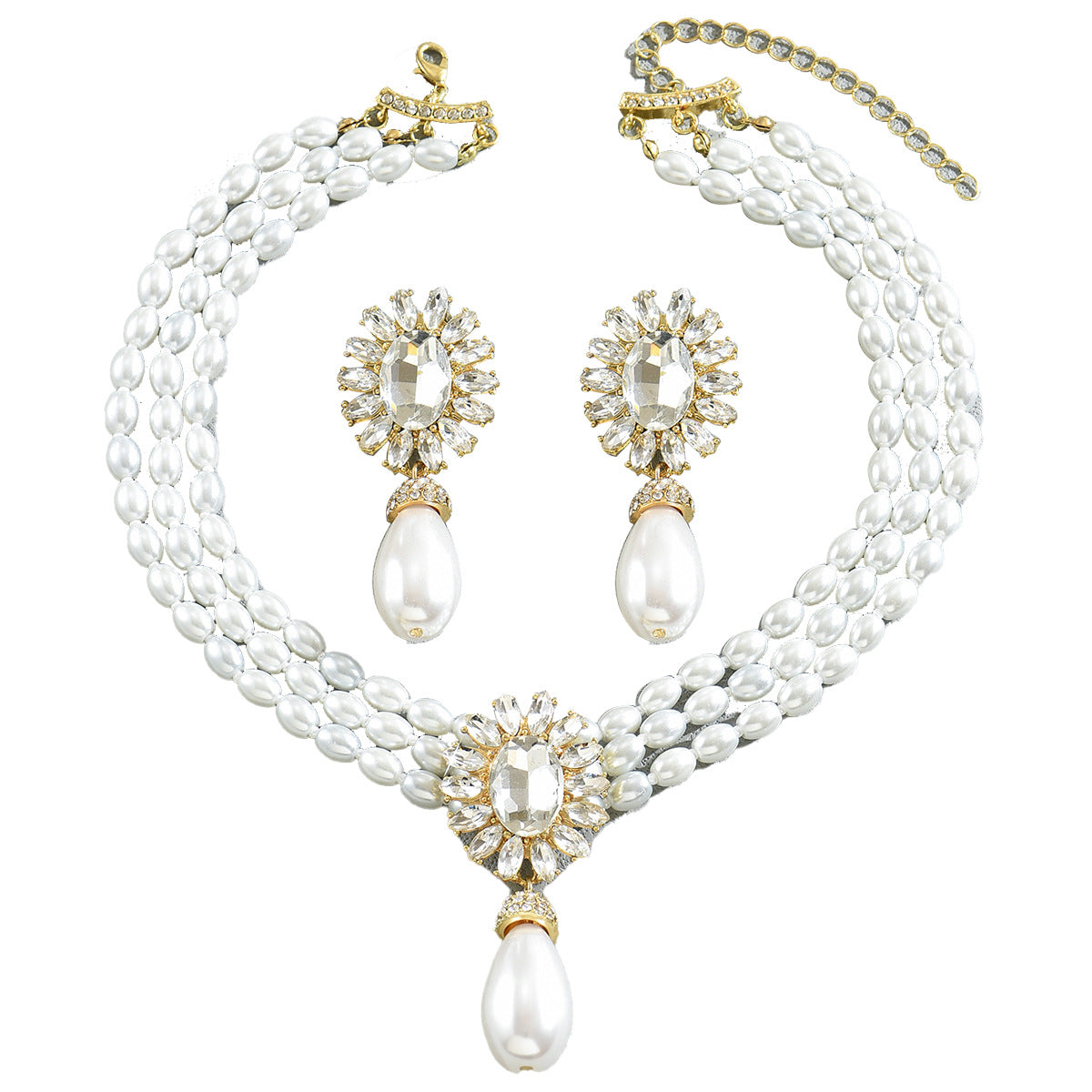 Geometric Light Luxury European American Women Jewelry Set, Niche Crystal Inlaid Multi-Layer Clavicle Chain Pearl Necklace &amp; Matching Earrings