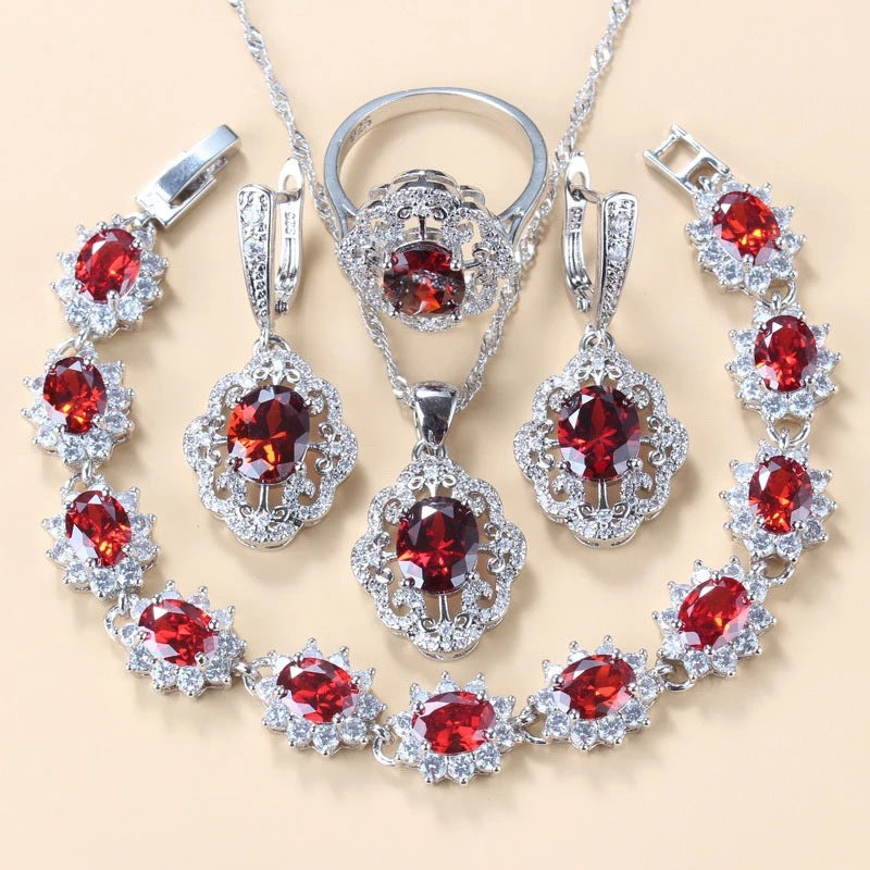 Garnet Cubic Zirconia Earrings Pendant Necklace Bracelet Ring Gift 4 PCs Set