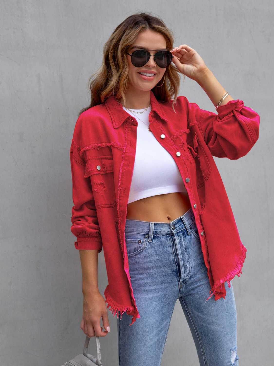 Distressed Drop Shoulder Denim Jacket for Casual Style