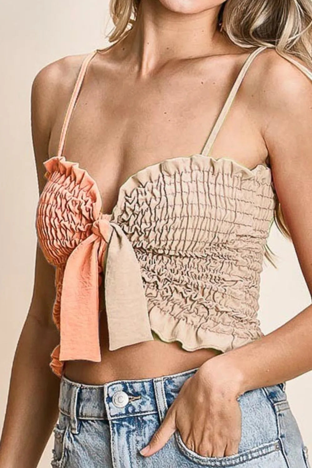BiBi Woven Color Block Smocked with Ribbon Bra Top