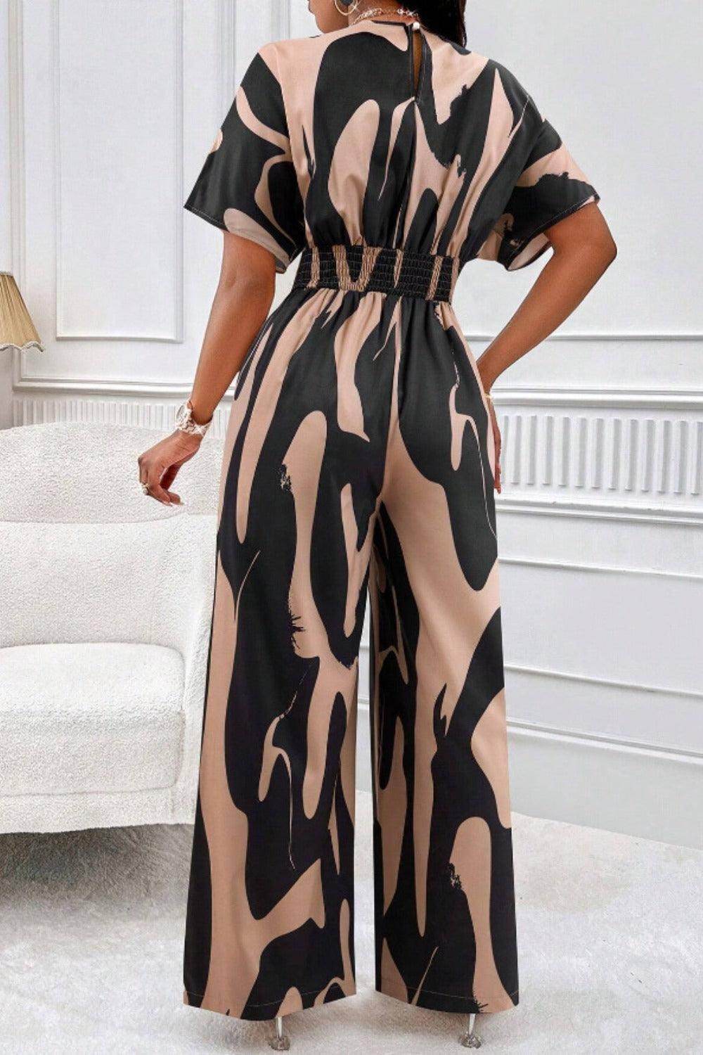 Printed V-Neck Short Sleeve Wide Leg Jumpsuit for Women