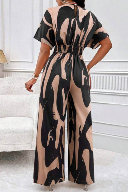 Printed V-Neck Short Sleeve Wide Leg Jumpsuit for Women