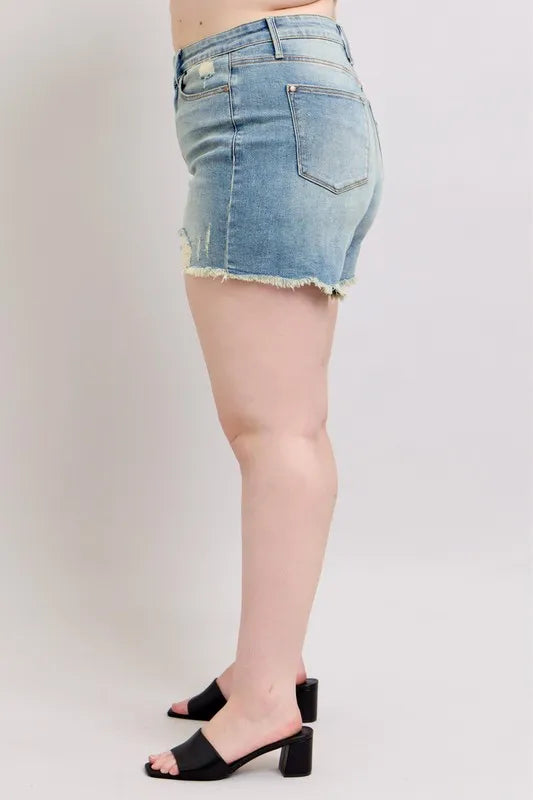 Judy Blue Full Size High Rise Washed Fly Stitch Detail and Destroy Denim Shorts Plus Size