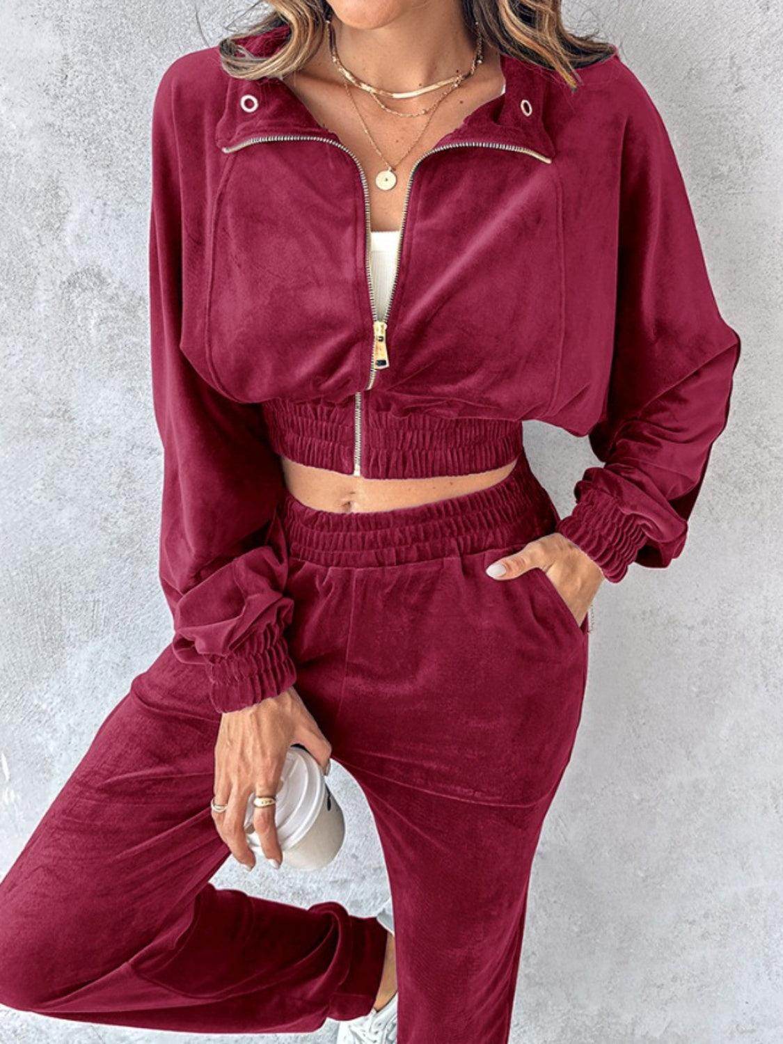 Zip Up Long Sleeve Cropped Top and Joggers Set for Women