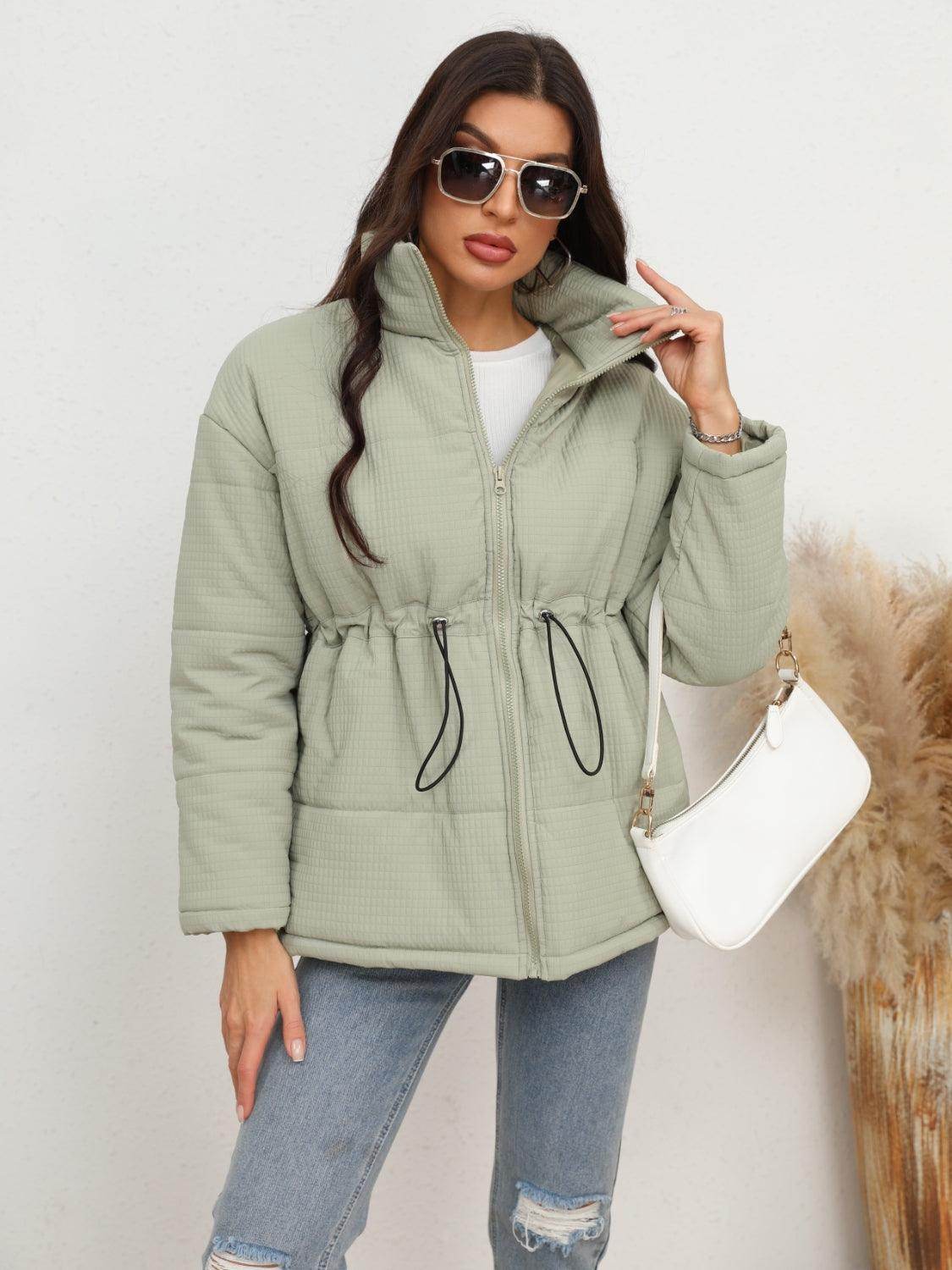 Drawstring Waist Zip-Up Puffer Jacket for Women Stylish Warmth