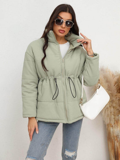 Drawstring Waist Zip-Up Puffer Jacket for Women Stylish Warmth