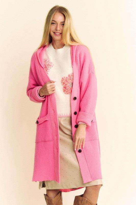 Davi &amp; Dani Side Slit Button Up Hooded Cardigan for Women