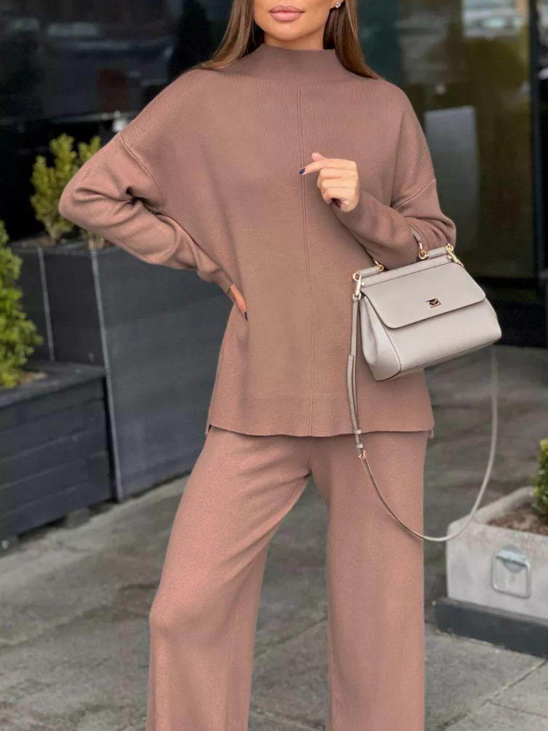 Slit Mock Neck Top and Pants Sweater Set for Women