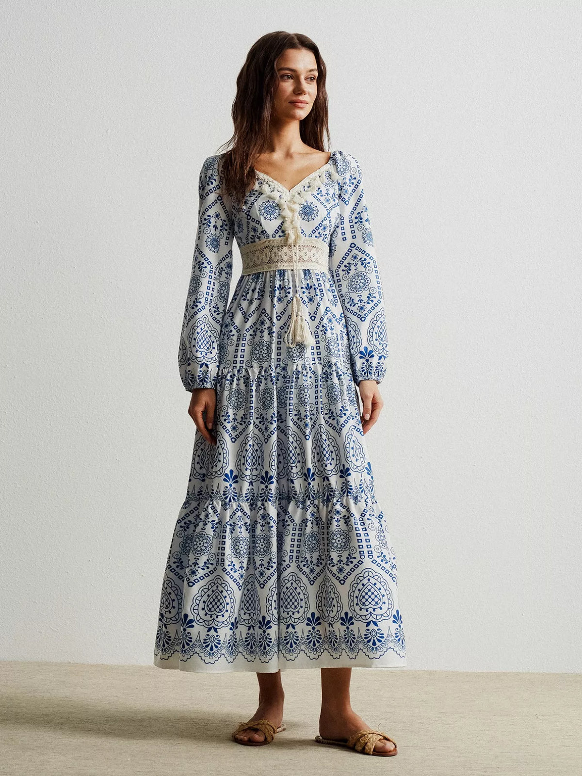 Bohemian Print Midi Dress with Tassel Detail
