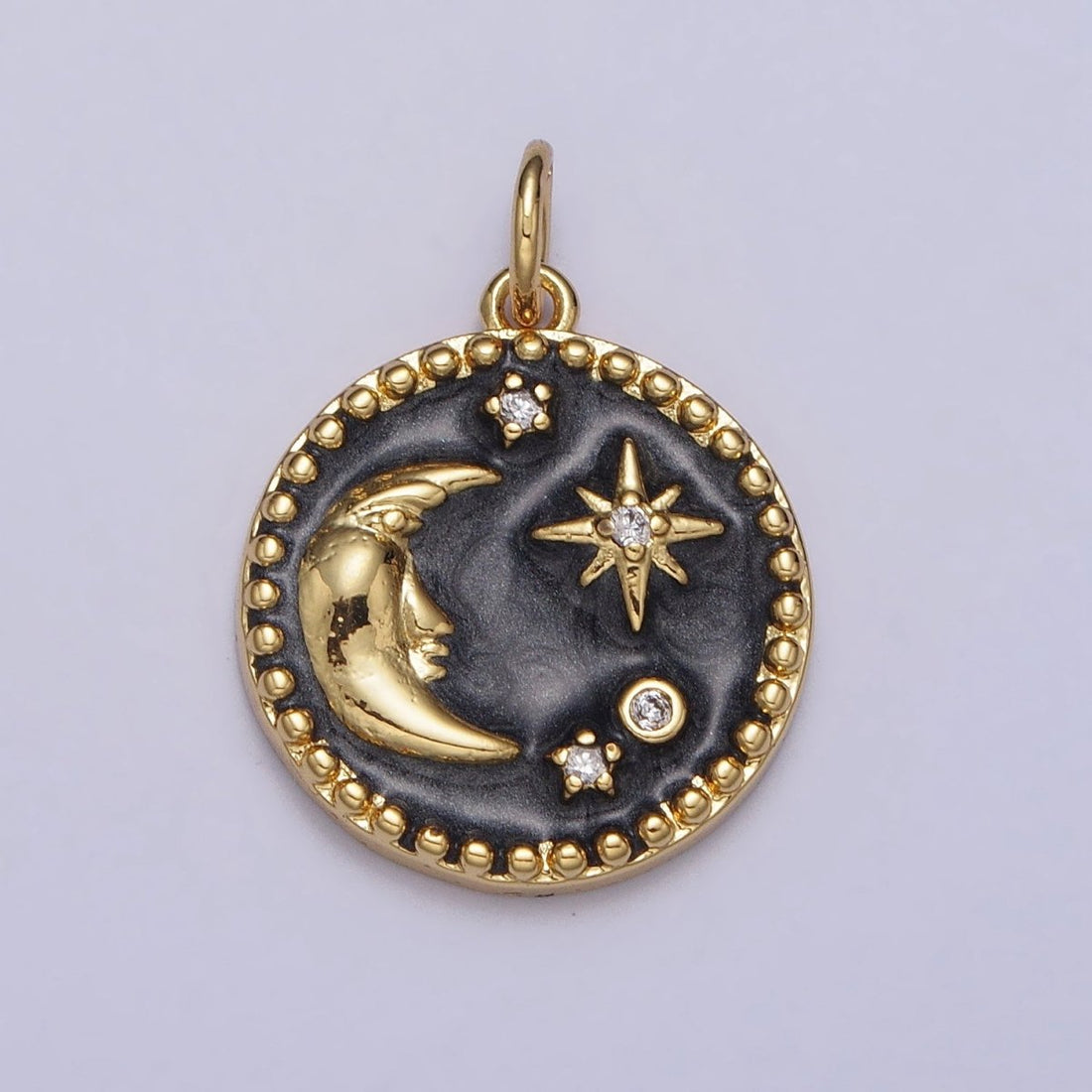 Celestial Crescent Moon Stars Round Black Enamel Charm in Gold &amp; Silver | AC254 AC255