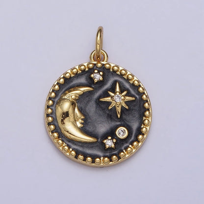 Celestial Crescent Moon Stars Round Black Enamel Charm in Gold &amp; Silver | AC254 AC255