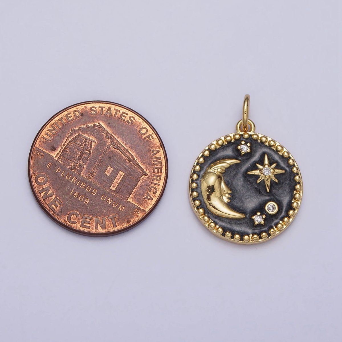 Celestial Crescent Moon Stars Round Black Enamel Charm in Gold &amp; Silver | AC254 AC255
