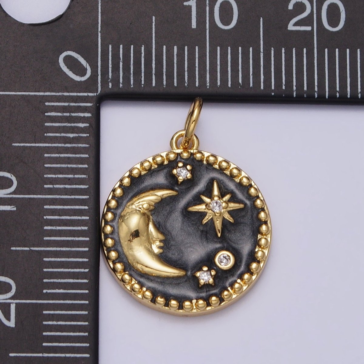 Celestial Crescent Moon Stars Round Black Enamel Charm in Gold &amp; Silver | AC254 AC255