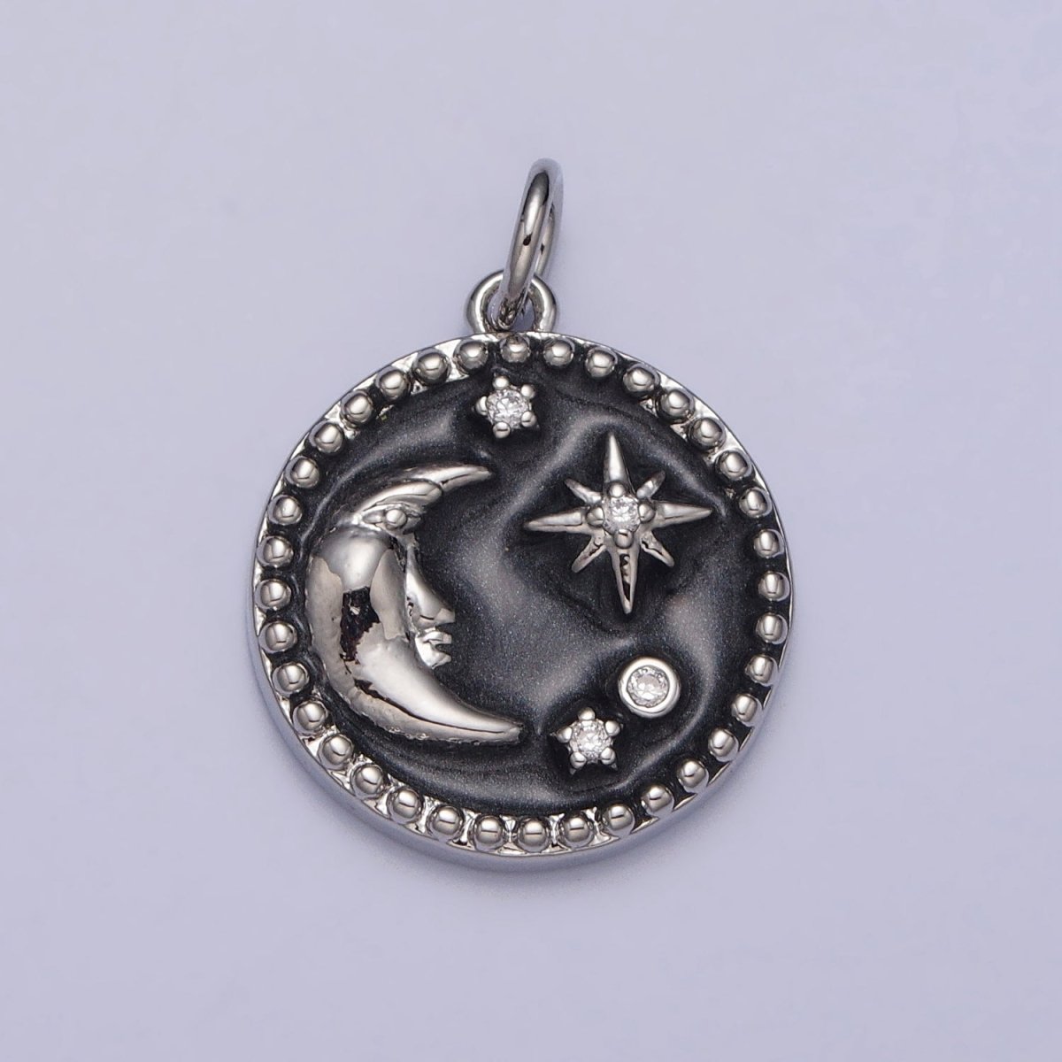 Celestial Crescent Moon Stars Round Black Enamel Charm in Gold &amp; Silver | AC254 AC255