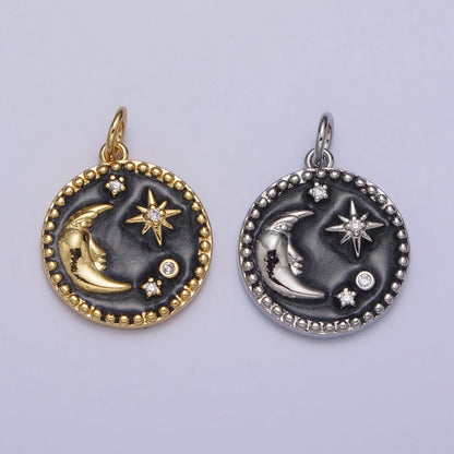 Celestial Crescent Moon Stars Round Black Enamel Charm in Gold &amp; Silver | AC254 AC255