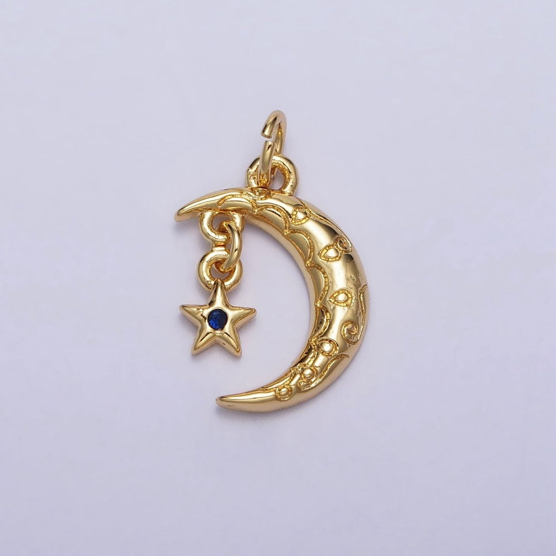 Celestial Engraved Crescent Moon Blue CZ Star Dangle Gold Add-On Charm | AC241