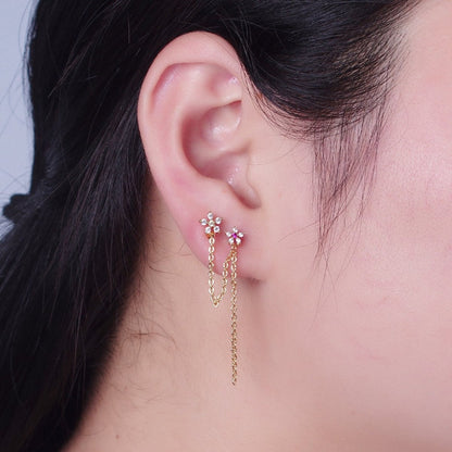 Celestial Star Cubic Zirconia CZ Chain Double Stud Earrings P-311