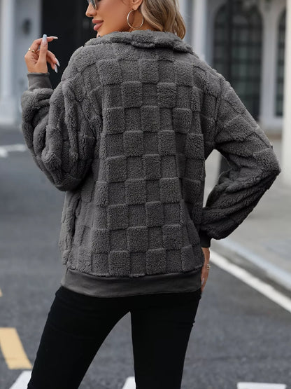 Cozy Checkered Fleece Quarter Zip Sweatshirt