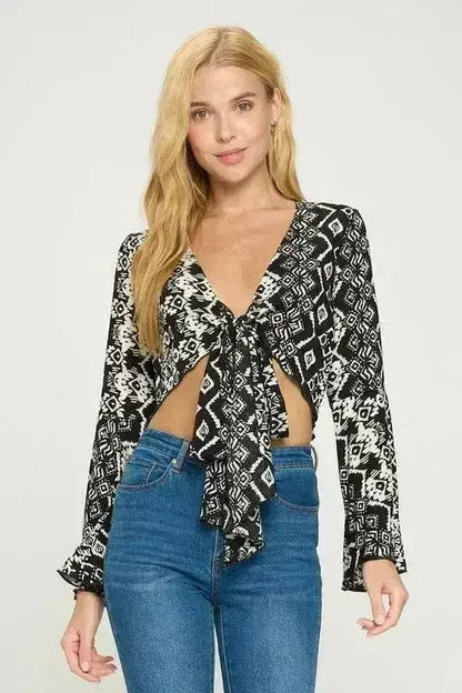 Boho Bell-Sleeve Crop Top | Floral Tie-Front | Sizes S-XL | Femstylo