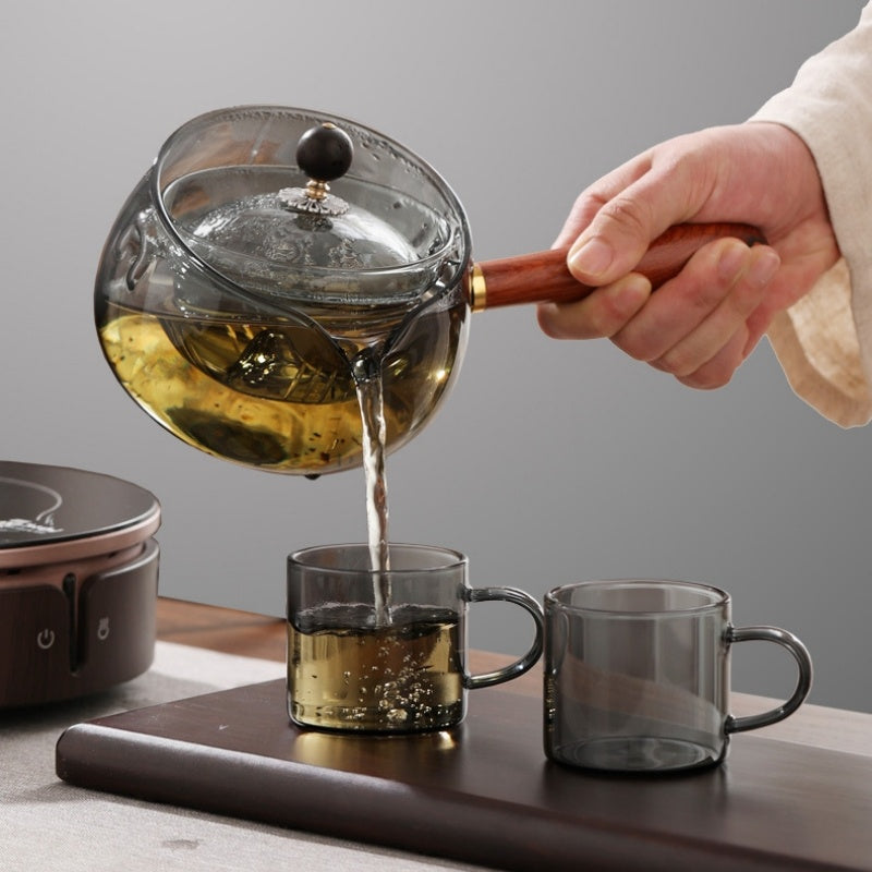 Rotary Glass Teapot with Infuser and Wooden Handle