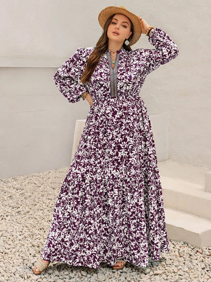 Plus Size Floral Print Maxi Dress with Long Sleeves