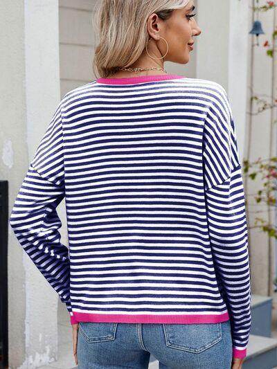 Striped Contrast Round Neck Long Sleeve Sweater for Women