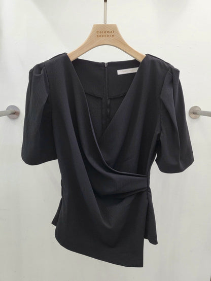 Womens Solid-Color French-Style Chic Asymmetrical Cross V-Neck Short-Sleeve Top
