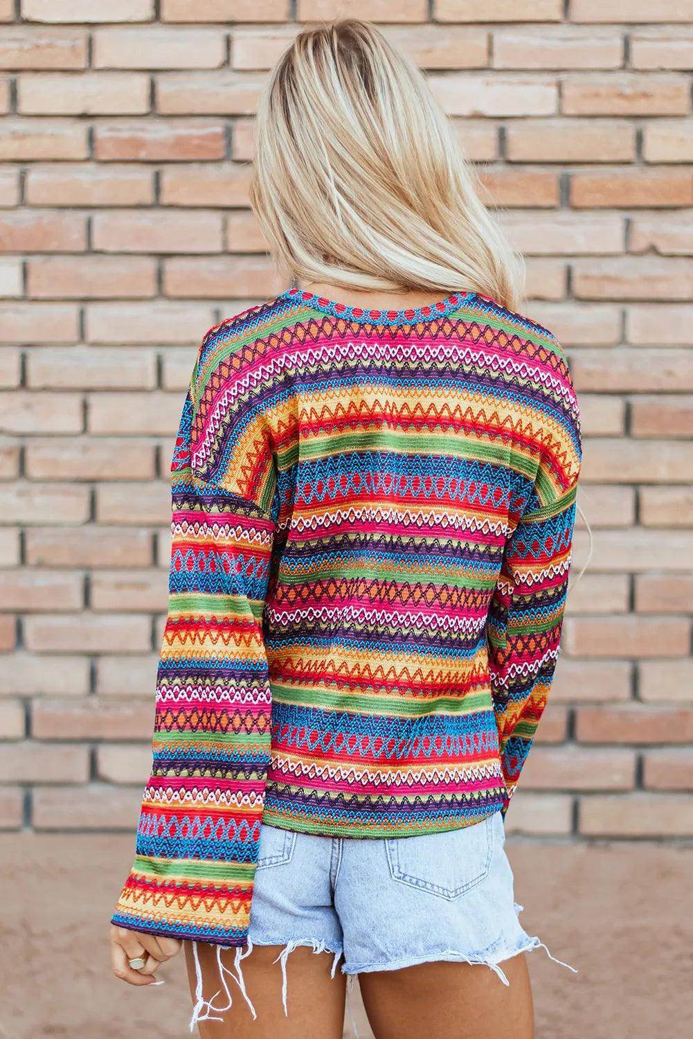 Contrast Round Neck Long Sleeve Top for Women Fashion