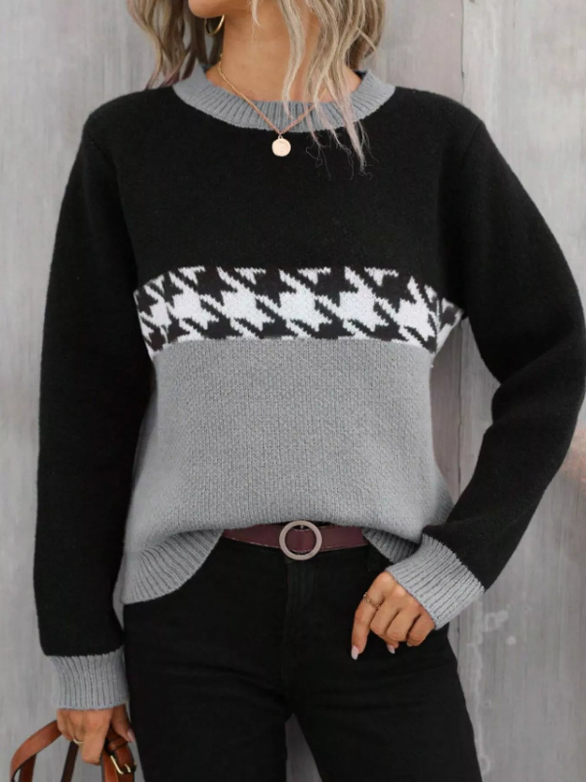 Houndstooth Pattern Color Block Sweater