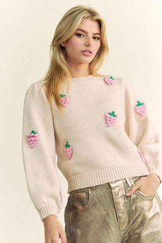 Davi &amp; Dani Crochet Strawberry Round Neck Sweater for Women