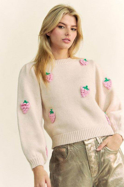 Davi &amp; Dani Crochet Strawberry Round Neck Sweater for Women