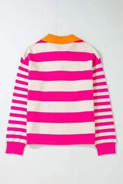 Contrast Stripes Johnny Collar Long Sleeve Sweater for Women