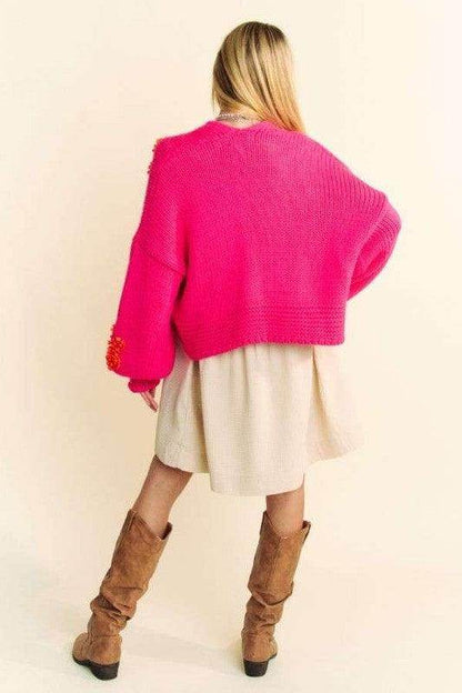 Davi &amp; Dani Floral Applique Open Front Drop Shoulder Cardigan