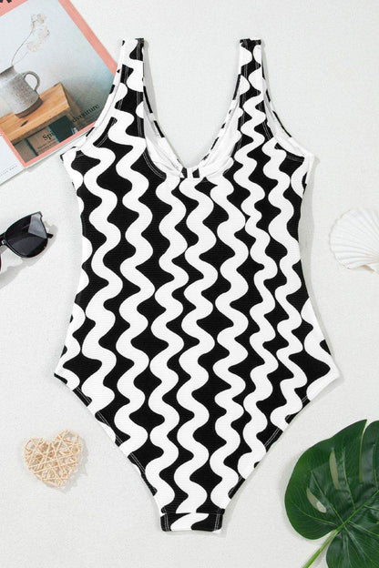 Tied Front Contrast Striped One-Piece Swimsuit