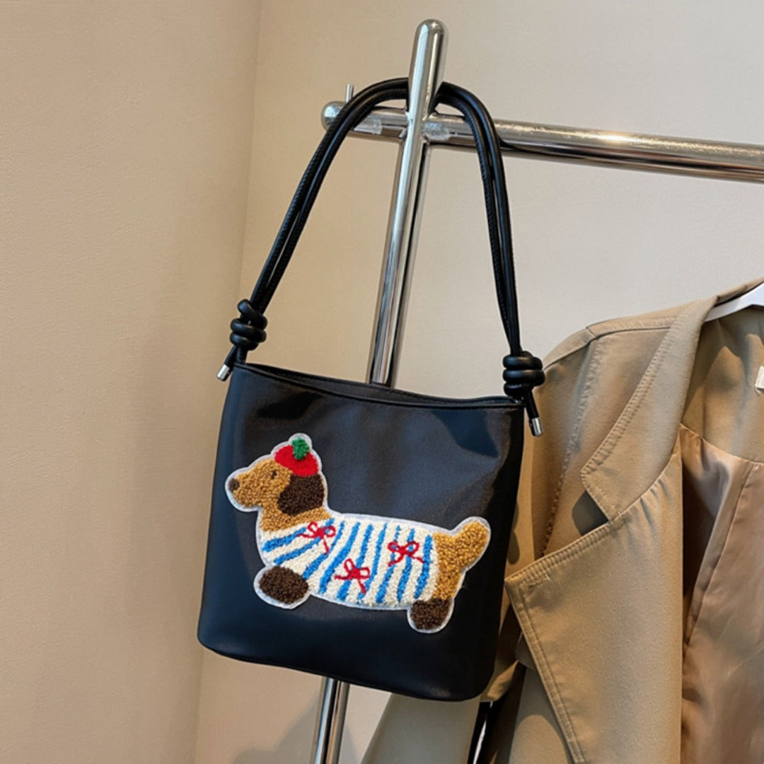 Adorable Cute Puppy Pattern Canvas Bag - Fashionable Bucket Style Shoulder Bag for Students &amp; Women Hobo