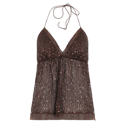 Sequin-embellished Mesh Halter-neck Lace-up Vest