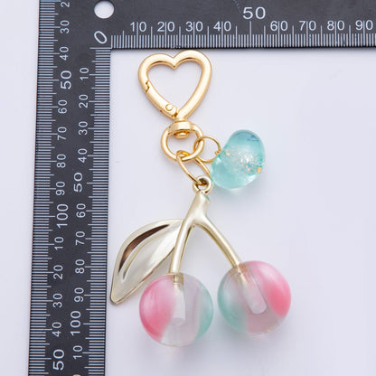18K Gold Filled Multicolor Cherry Fruit Resin Bag Charm Keychain Heart Key Ring Accessories | WB-00007
