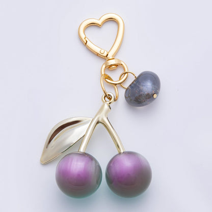 18K Gold Filled Multicolor Cherry Fruit Resin Bag Charm Keychain Heart Key Ring Accessories | WB-00007