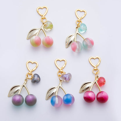 18K Gold Filled Multicolor Cherry Fruit Resin Bag Charm Keychain Heart Key Ring Accessories | WB-00007