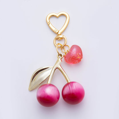 18K Gold Filled Multicolor Cherry Fruit Resin Bag Charm Keychain Heart Key Ring Accessories | WB-00007