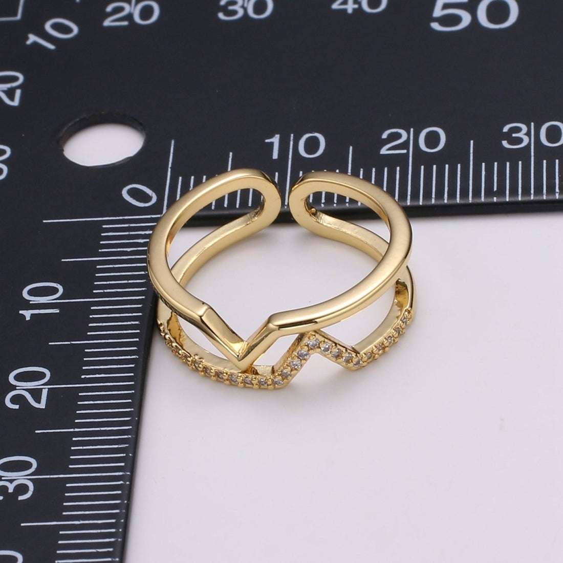 Chevron Open Ring, Dual Band Ring Adjustable Ring Cubic Pave 24K Gold Plated Ring CZ Pendant Double Ring, Dainty ring Charm, R-436