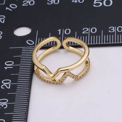 Chevron Open Ring, Dual Band Ring Adjustable Ring Cubic Pave 24K Gold Plated Ring CZ Pendant Double Ring, Dainty ring Charm, R-436