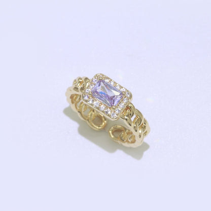 Chunky Cuban Chain Cocktail Ring with Color Cubic Zirconia Stone Statement Jewelry O-411 ~ O-424