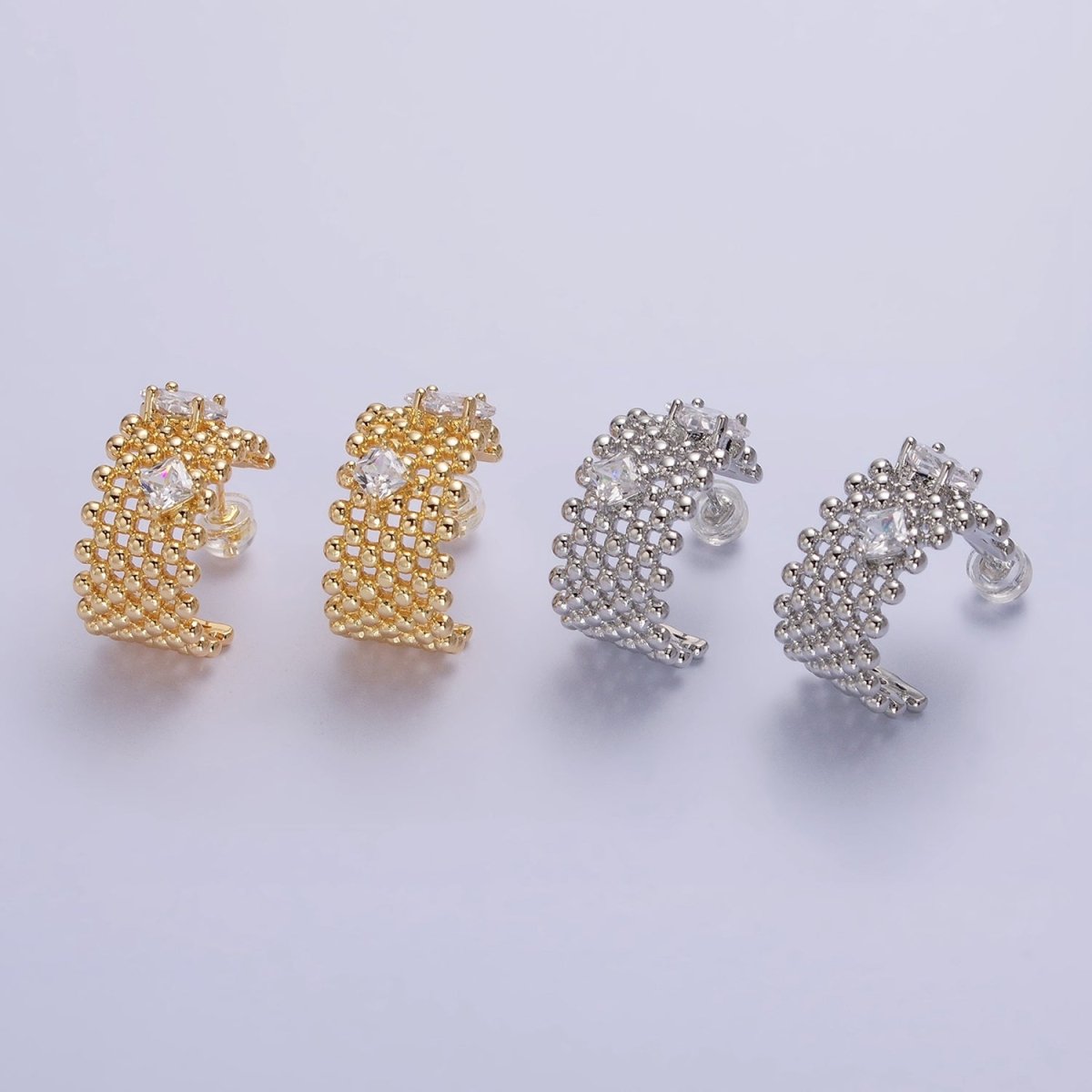 Chunky Gold Beaded Hoop with Clear Rhombus Cz Stone Earring AB598 AB976