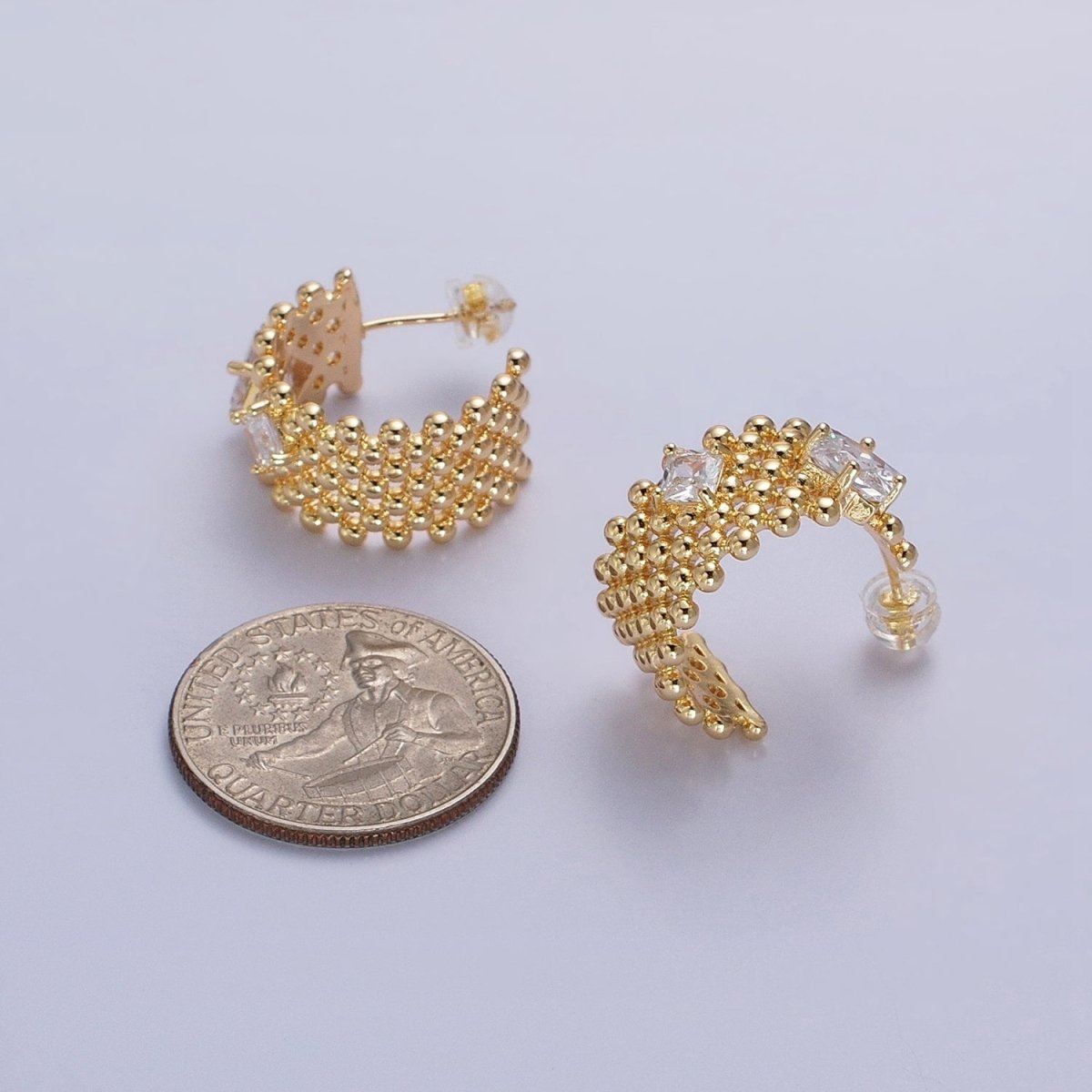 Chunky Gold Beaded Hoop with Clear Rhombus Cz Stone Earring AB598 AB976