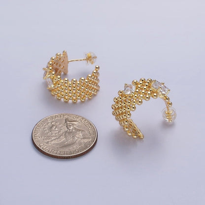 Chunky Gold Beaded Hoop with Clear Rhombus Cz Stone Earring AB598 AB976